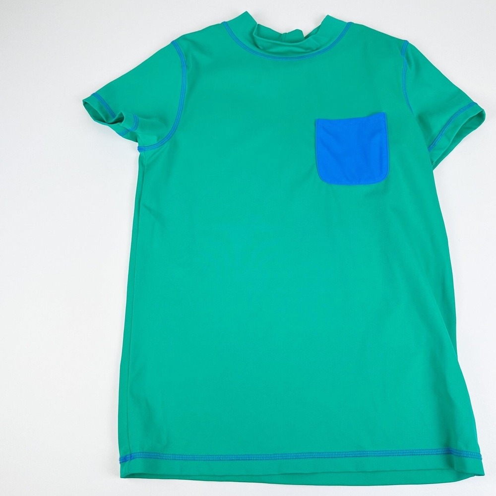 Boden Rash Guard Kids 11-12Y Green Blue Pocket Short Sleeve Swim Shirt